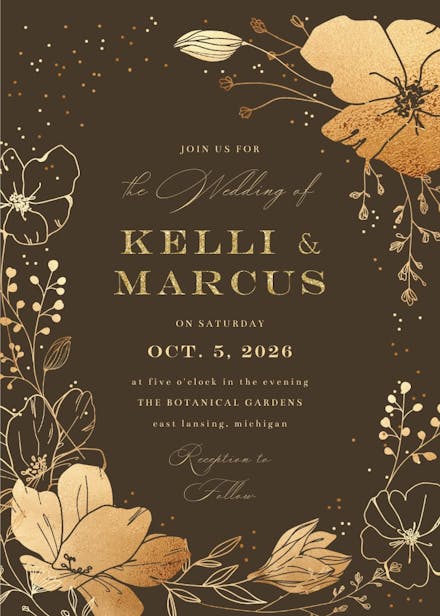 Golden flowers frame - wedding invitation