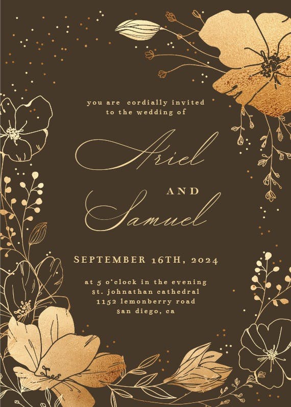 Golden flowers frame - wedding invitation