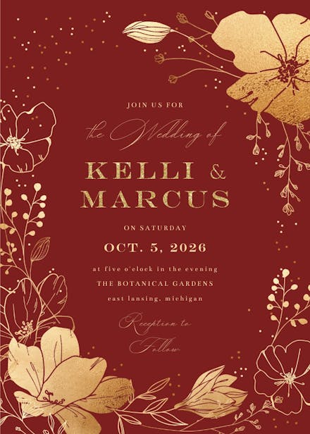 Golden flowers frame - wedding invitation