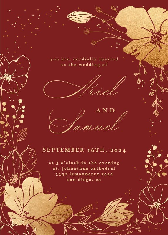 Golden flowers frame - wedding invitation