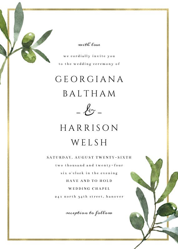 Golden frame & olive leaves - wedding invitation