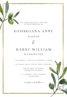 Golden frame & olive leaves - wedding invitation