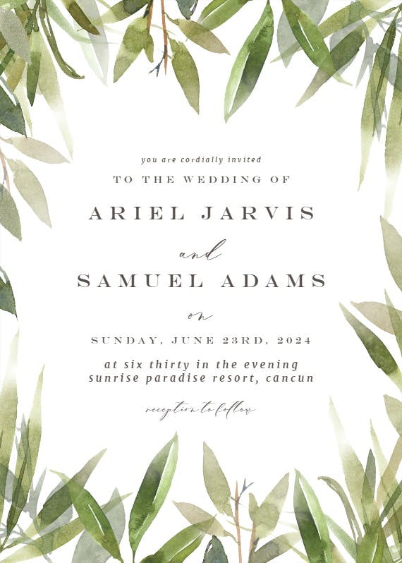 Green watercolor leaves - wedding invitation
