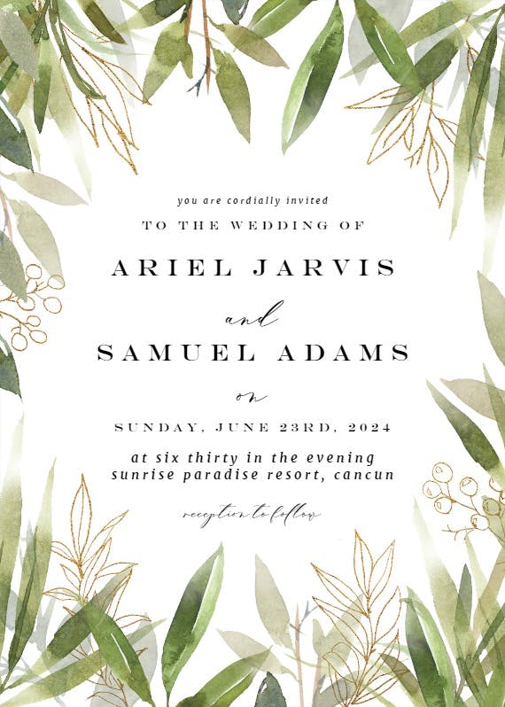 Green watercolor leaves - wedding invitation