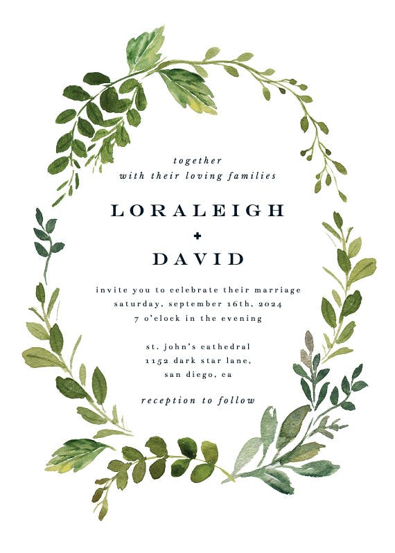 Green wreath -  invitación de boda
