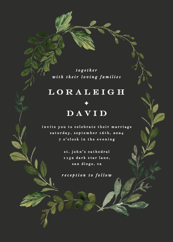 Green wreath -  invitación de boda