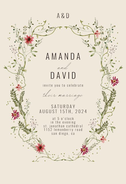 Green wreath with red flowers - wedding invitation