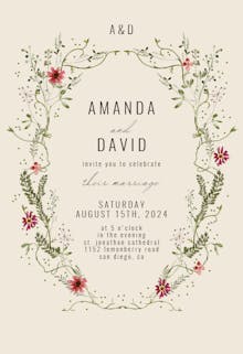 Green Wreath with Red Flowers - Wedding Invitation