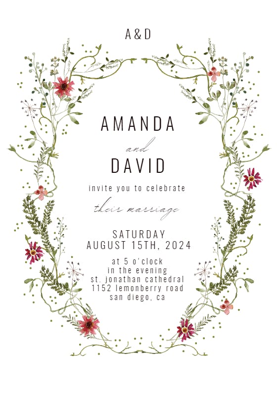 Green wreath with red flowers - wedding invitation