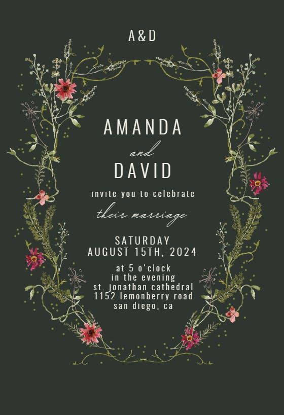 Green wreath with red flowers - wedding invitation