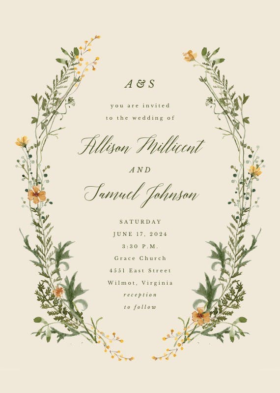 Green wreath with yellow flowers - wedding invitation