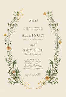Green Wreath with Yellow Flowers - Wedding Invitation