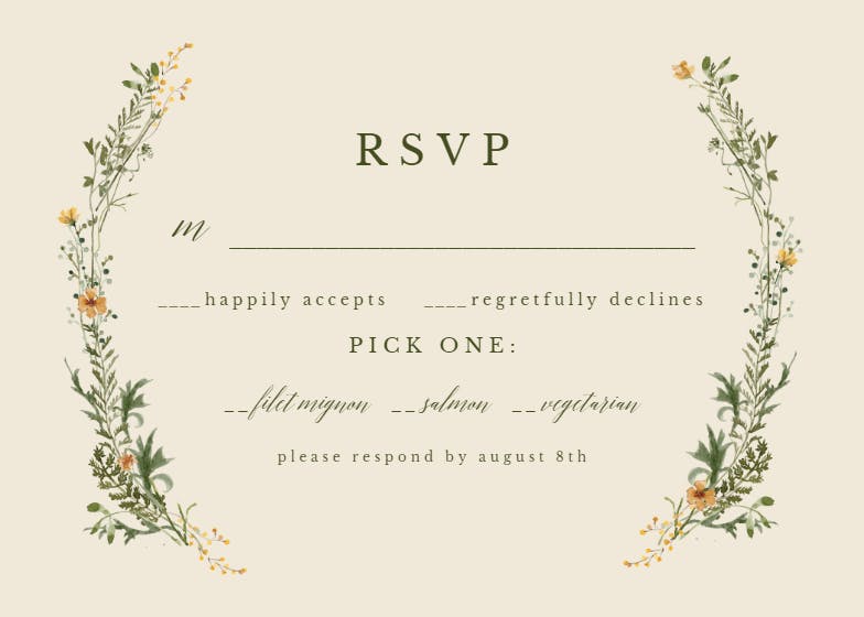 Green wreath with yellow flowers - rsvp card