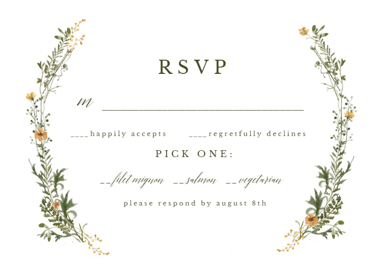 Green wreath with yellow flowers - rsvp card