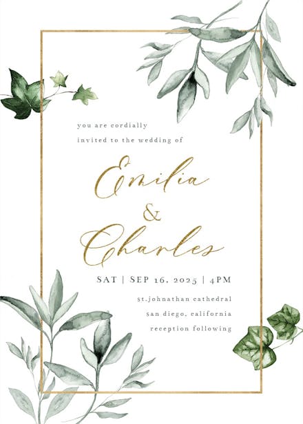 Greenery and gold frame - wedding invitation