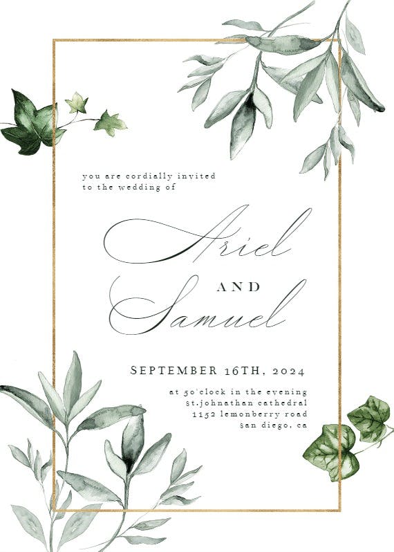 Greenery and gold frame - wedding invitation