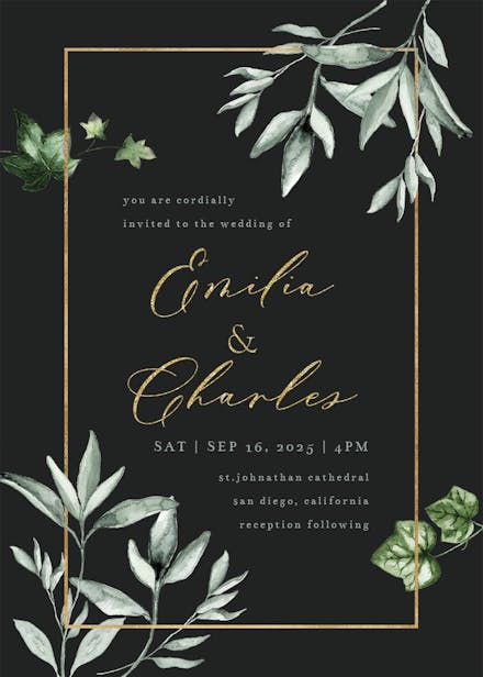 Greenery and gold frame - wedding invitation