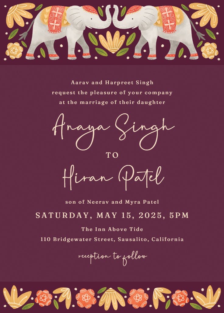 Indian elephants - wedding invitation