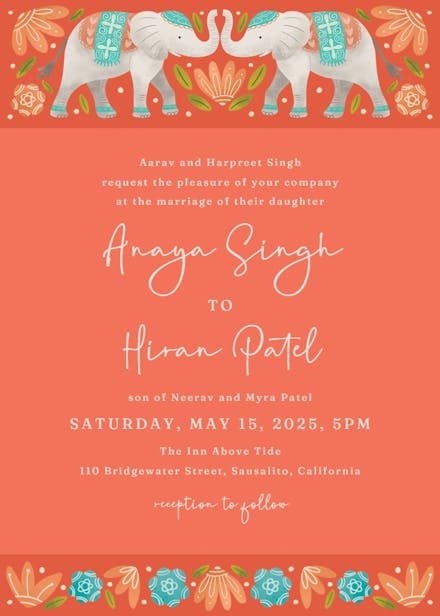 Indian elephants - wedding invitation
