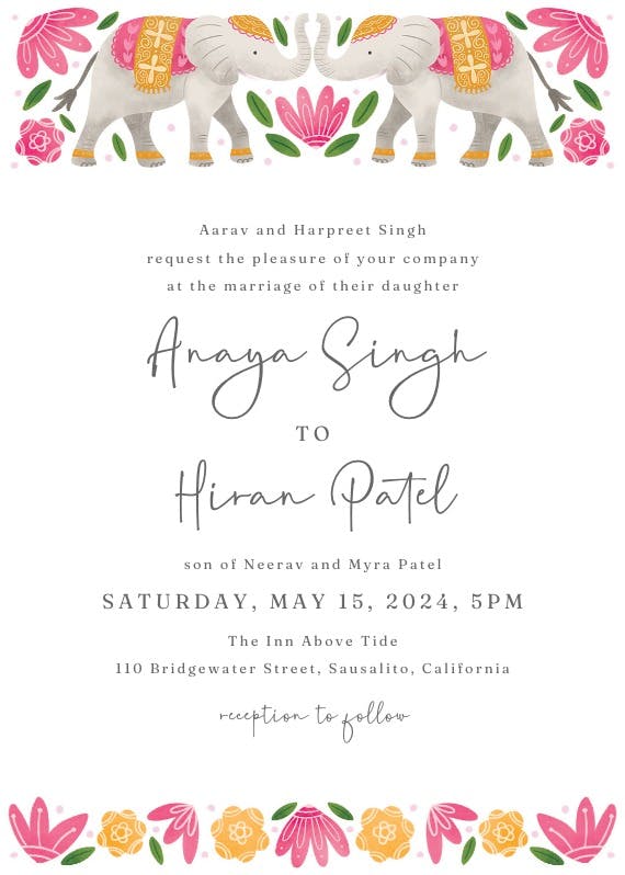 Indian elephants - wedding invitation
