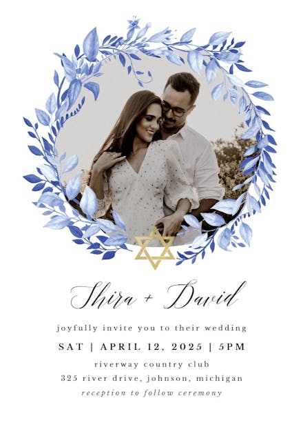 Jewish blue wreath - wedding invitation