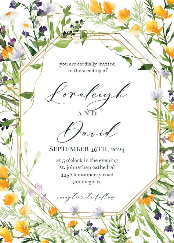 Meadow flowers golden frame - wedding invitation
