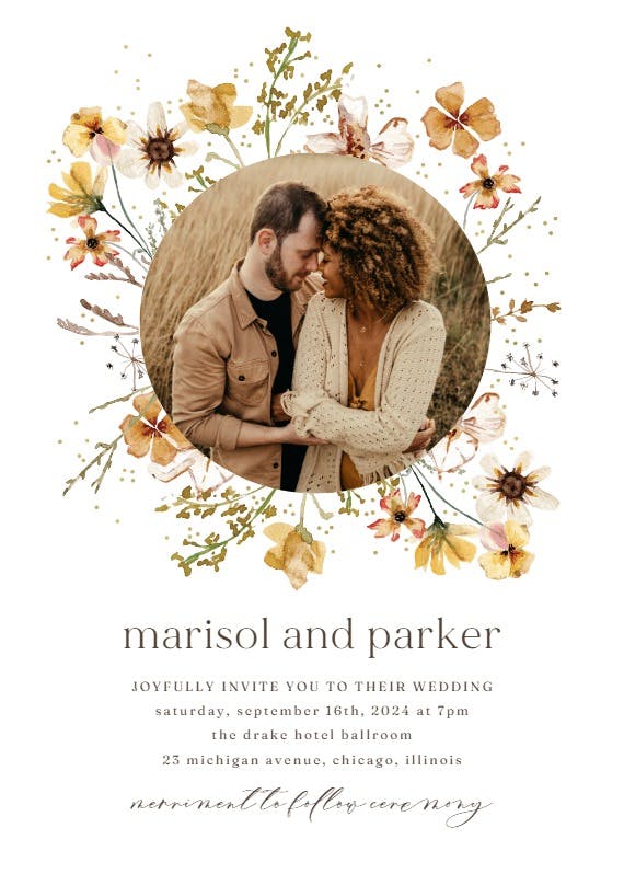 Meadow yellow flowers wreath - wedding invitation