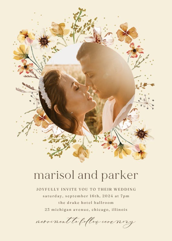 Meadow yellow flowers wreath - wedding invitation