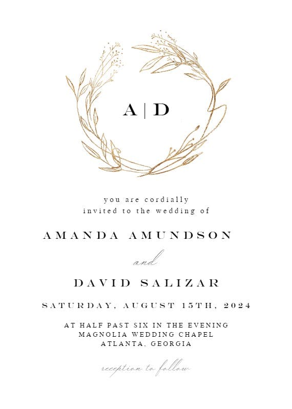 Monogram golden wreath - wedding invitation