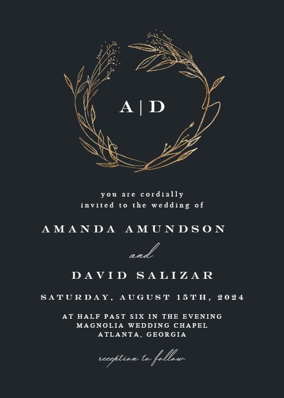Monogram golden wreath - wedding invitation