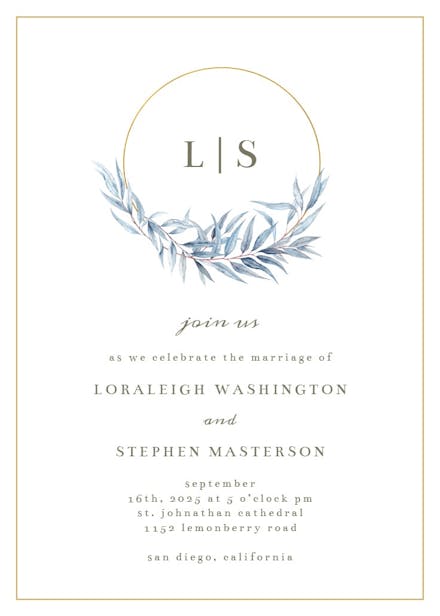 Monogram navy leaves - wedding invitation