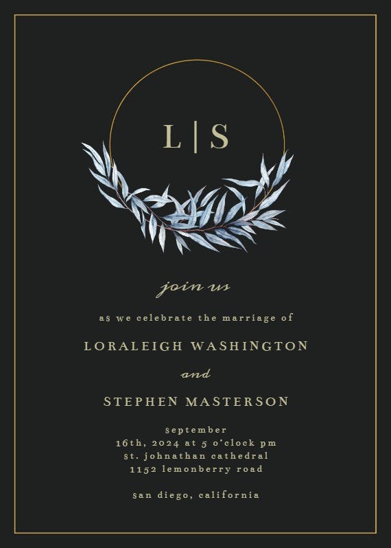 Monogram navy leaves - wedding invitation