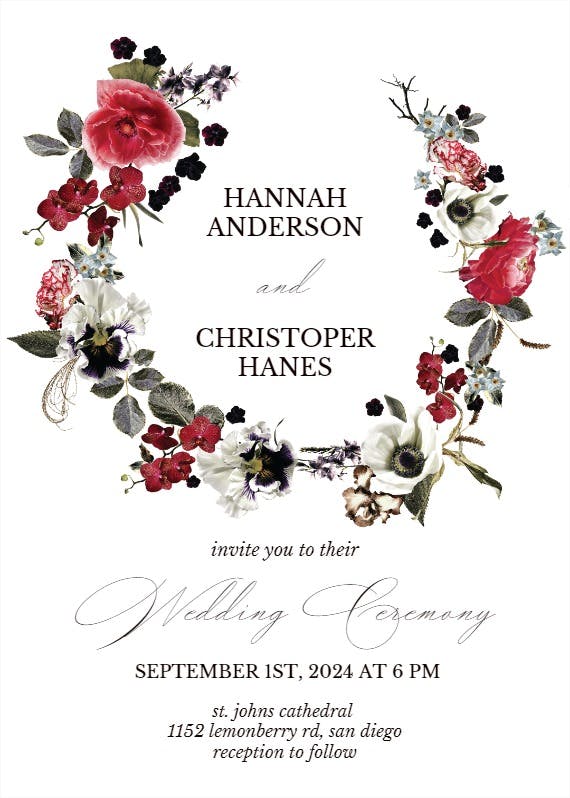 Moody flower wreath - wedding invitation