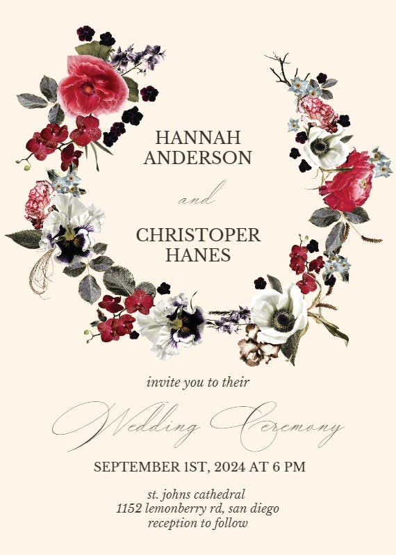 Moody flower wreath - wedding invitation
