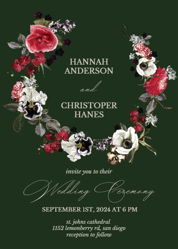 Moody flower wreath -  invitación de boda