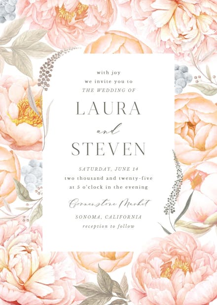 Peach flowers wreath - wedding invitation