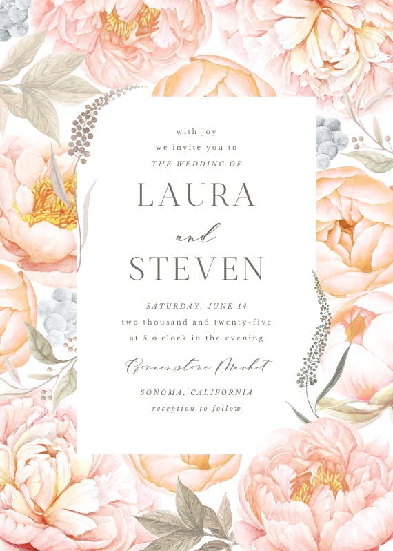 Peach flowers wreath - wedding invitation