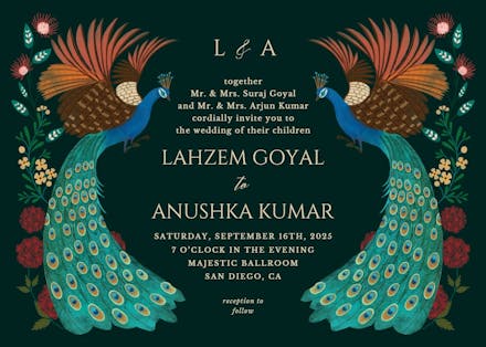 Peacocks & flowers - wedding invitation