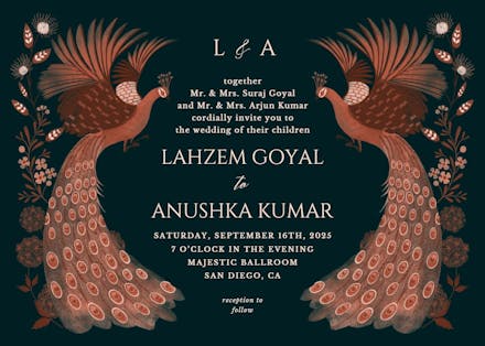 Peacocks & flowers - wedding invitation
