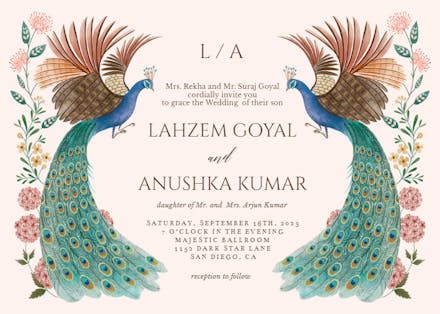 Peacocks & flowers - Wedding Invitation