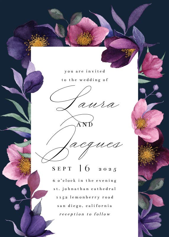 Pink purple flowers - wedding invitation
