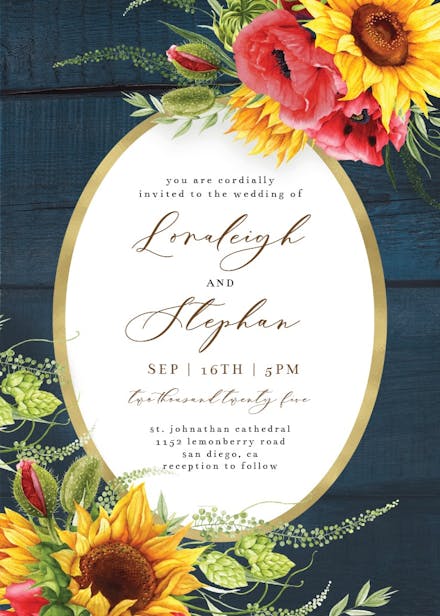 Poppies sunflowers frame - wedding invitation