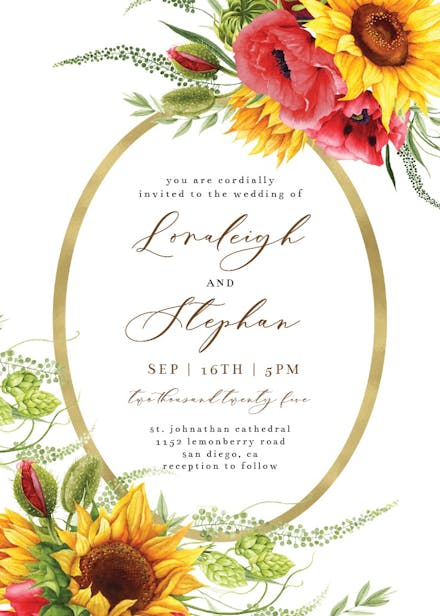 Poppies sunflowers frame - wedding invitation