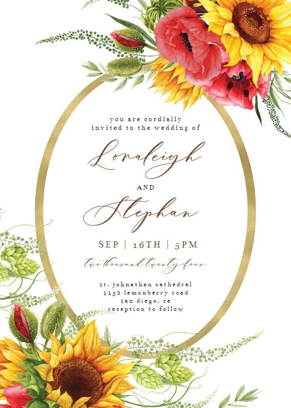 Poppies sunflowers frame - wedding invitation