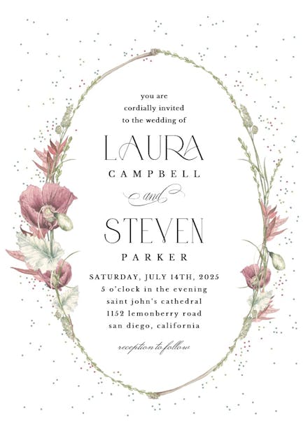 Poppy flower wreath - wedding invitation