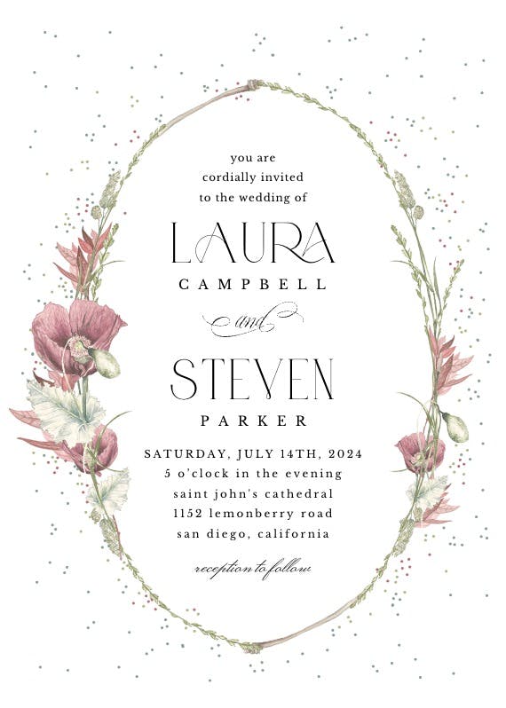 Poppy flower wreath - wedding invitation