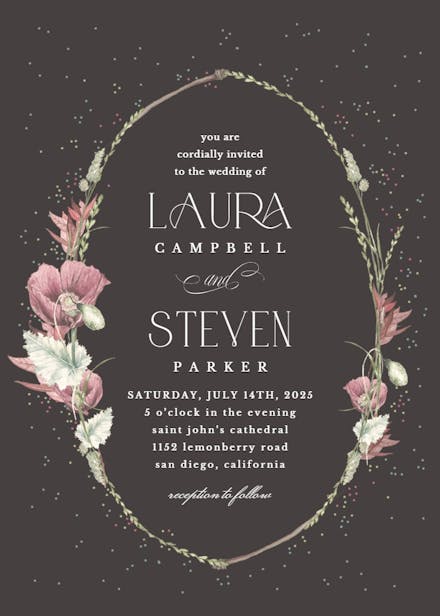 Poppy flower wreath - wedding invitation