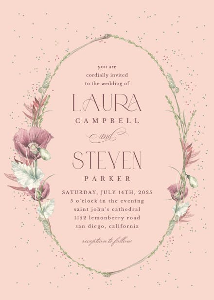 Poppy flower wreath - wedding invitation