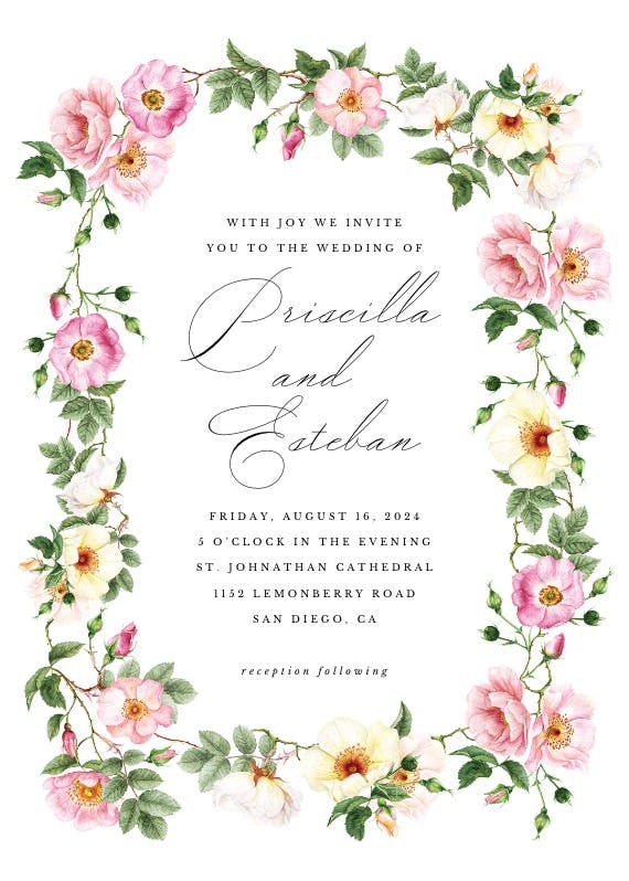 Roses watercolor wreath - wedding invitation
