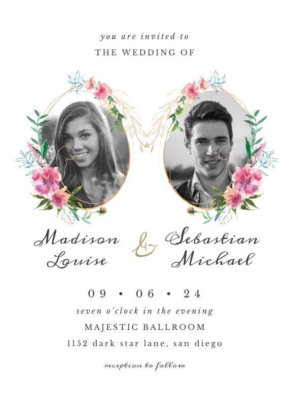 Sketchy floral double photo - wedding invitation